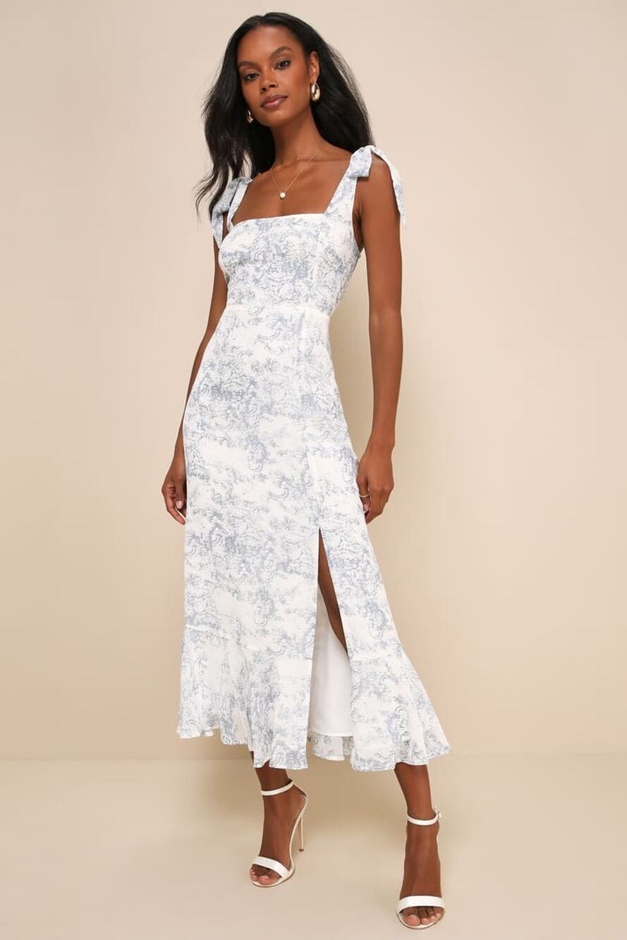 NWT Lulus Summer Invite White and Blue Toile Tie-Strap Tiered Midi Dress XXL